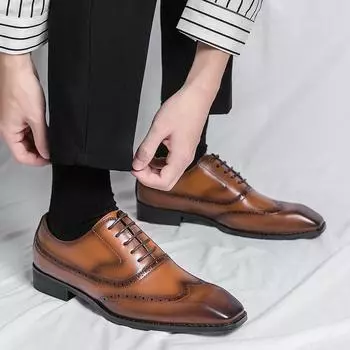 Fashion PARZIVAL Loafers Derby Shoes Slip-On Business Handmade Leather Wedding Shoes for Men Formal Shoes Square Toe Dropshipping 38 чёрный