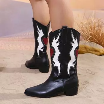 Fashion Patchwork Square Heels Knee High Boots Women Pointed Toe Med Heel Western Cowboy Boots Woman Mix Color Pu Leather Botas 36 чёрный