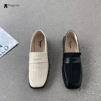 Fashion Patchwork Weave small leather shoes women knitted sneakers shallow slip on loafers square toe thick heels oxfords woman flats 5 абрикосовый