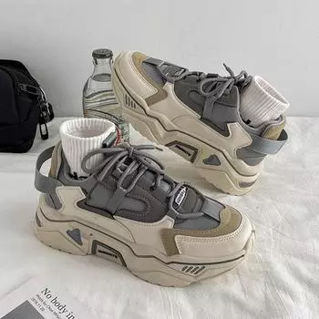 Fashion Patchwork Woman Vulcanize Shoes 2024 Autumn Platform Sneakers Breathable Mesh Ladies Footwear Casual Ladies Footwear 35 бежевый