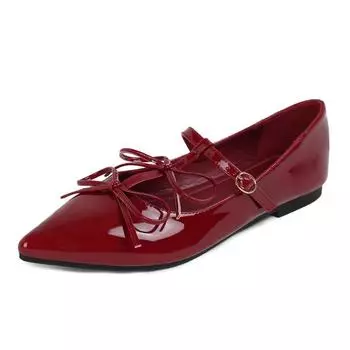 Fashion Patent Leather Bowknot Mary Janes Women Flats Pumps Spring Summer Elegant Pointed toe T-Strap Ladies Flats Party Shoes 35