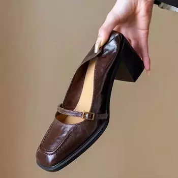 Fashion Patent Leather Brown Mary Jane Shoes Women 2024 Elegant Vintage High Heels Woman Square Toe Chunky Heels shallow mouth Pumps 35 чёрный
