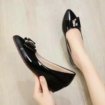 Fashion Patent Leather Internal Increase Pointed Toe Loafers Wedges Moccasins Shoes Women Solid Shallow Slip on Woman Flats 2024 35 чёрный