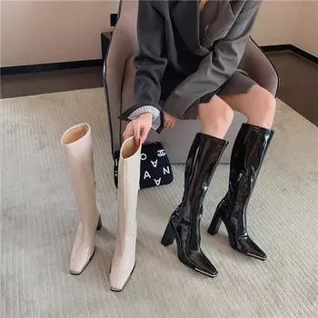 fashion Patent Leather Women Knee Boots Sock Botas 2024 New Arrivals Black Beige Winter Knight Boots Side Zipper Party Pumps Square Heel 5.5 бежевый