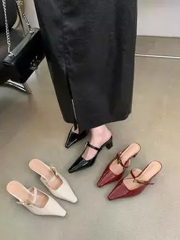 Модные женские туфли-слайды из лакированной кожи, летние туфли-мюли на высоком каблуке, элегантные туфли для женщин с пряжкой на ремне 35-39 5.5 бежевый