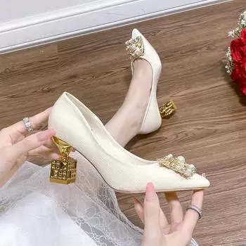 Fashion Pearl Buckle Pumps Women Slip-On Crystal Strange Style Wedding Shoes Woman High-Quality High Heels Party Shoes 35