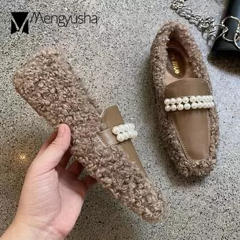 Fashion Pearl Lambswool flats woman square toe loafers winter fur pregnant shoes for women ballerina beads curly sheep wool moccasins 5 абрикосовый