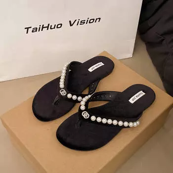 Fashion pearl thick heel flat-bottomed flip-flops women s outer wear summer new pinch sandals 35