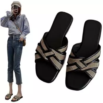fashion Peep Toe Women Flats Mixed Colors Slipper Fashion Woven Zapatos Mujer Slip On Cozy Ladies Shoes Leisure Brand Design New 39 чёрный