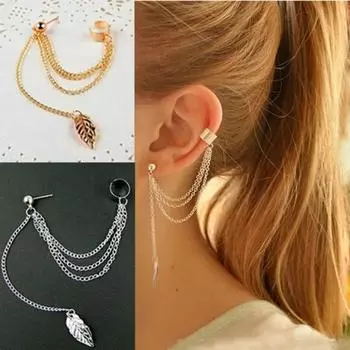 Fashion Personality Metal Ear Clip Single Leaf Tassel Earrings Cuff Women Girls Caught in Ear Ear Cuffs Fashion Jewelry Earring Gold 1pcs
