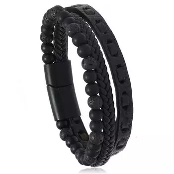 Fashion personality trend, leather natural stone hand-woven jewelry, men s jewelry bracelet чёрный