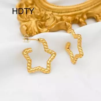 Fashion Personality Trend Temperament Titanium Steel Earrings Plated 18k Gold Twist Pattern Pentagram Earrings золотой