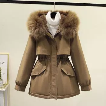 FASHION Pie побеждает женскую среднюю и длинную новую зимнюю свободную корейскую версию флисовой одежды иностранная газовая подбитая куртка инструментальная куртка одежда M хаки