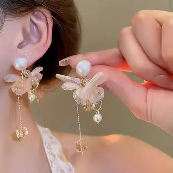 Fashion Pink Flower Tassel Pearl Crystal Drop Earrings for Women Girls Summer Sweet Earring Match with Dress Jewelry Gift розовый