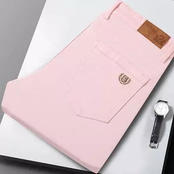 Fashion Pink Jeans Men s Elastic Small Straight Trousers Spring and Summer New Slim Long Trousers Youth Men s 28 жёлтый