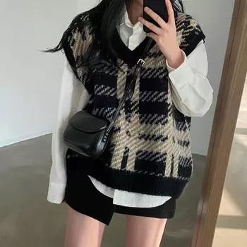 Fashion Plaid Printed V-neck Women Knitted Pullover Sweater Vest Autumn Loose Casual Office Tank Top Sleeveless Simple Waistcoat one size