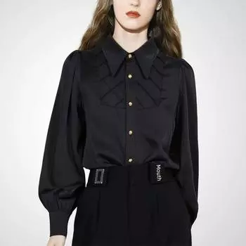 Fashion Plaid Stitching Long Sleeves Autumn Beautiful Shirt Black 2XL