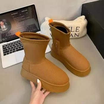 fashion Platform Flats Women Snow Boots Fur Warm Cotton Shoes Suede Ankle Winter Plush Woman 2025 Trend Brand Leather Goth Botas Mujer 35 малиновый