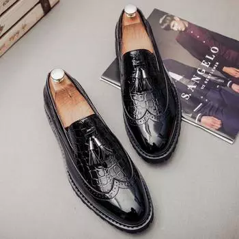 Fashion Platform Shoes Loafers Shoes Men Thick-soled Wedding Shoes Tassel Black Formal Business Slip-on Leather Increase Casual Shoes 38 чёрный