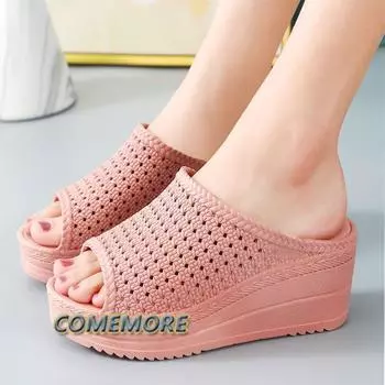 Fashion Platform Slippers Female Summer Home with Korean Version Fashion All High Heels Sandals Wedge Increase Anti Slip Breathable 2024 35 бежевый
