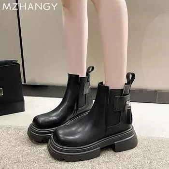 fashion Platform Women Snow Ankle Boots Mid Heels Leather Designer Casual Walking Shoes Women 2024 Trend Winter New Dress Botas Mujer 35 бежевый