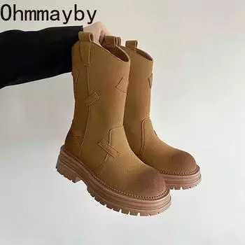 Модные женские сапоги-ковбойши на платформе в стиле вестерн Модные элегантные туфли без застежек на квадратном каблуке Женские полусапожки Morder Mid Calf 35 абрикосовый