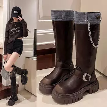 fashion Platform Women Western Cowgirl Boots Fashion Slip On Belt Buckle Knight Long Boots Autumn Winter Women s Booties 35 чёрный