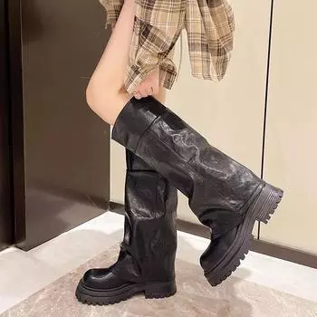 Fashion Platform Women Western Cowgirl Boots Fashion Slip on Belt Buckle Long Boots Autumn Winter Women s Biker Booties Platform Boots 35 чёрный