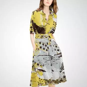Fashion Pleated Slim Autumn V Neck A- line Dress Yellow + Cafe Print S