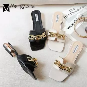 Fashion Plus Size 34-43 Women Sandals Metal Chain Flip Flops Ladies Beach Slides Gladiator Slippers Open Toe Low Heels Sandalias Mujer 4.5 чёрный