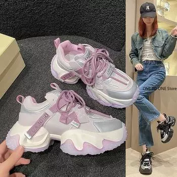 Fashion Plus Size Casual Leather Shoes 6.5CM Heels Women High Platform Warm Fur Sneakers Thick Sole Plush Sports Dad Shoes Zapatos Mujer 35 розовый