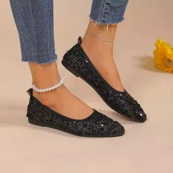 Fashion Plus Size Fashion Sequins Flat Shoes for Women 2024 New Pointed Toe Shallow Boat Shoes Woman Lightweight Soft Sole Casual Shoes 36 чёрный