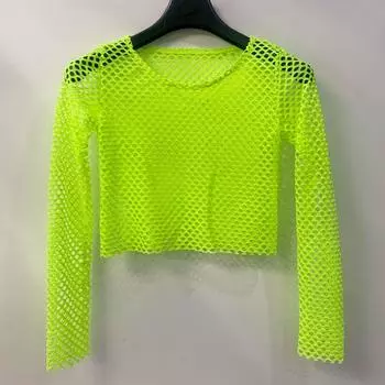 Fashion Plus Size Loose Multi-Color Optional Long Sleeves Mesh Blouse Cut Out Breathable Personality Dance Hip Hop Fashion T-shirt Fluorescent green S