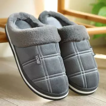 Fashion Plus Size Plaid House Slippers for Man Winter Plush Indoor Male Shoes Warm Home Slippers Non Slip Flat Cotton Bedroom Houseshoes 42-43(25.0-26CM) чёрный