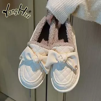 Мода Плюс Бархат Сохраняющие Тепло Бант Балетки для Дома 2024 Новая Мода Осень Зима Ретро Лаконичная Пу Женские Вулканизированные Туфли 35 бежевый