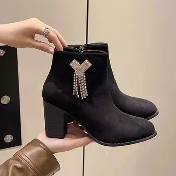 Fashion Plush Warm Winter Ladies Heels 2024 Classic Pointed Toe Women s Ankle Boots Comfortable Thick Heel Platform Shoes Botas De Mujer 36 чёрный