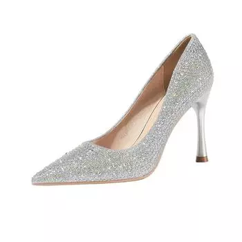 Fashion Point-toe Women s Sandals Nightclub Show Thin Stiletto Women s Single Shoes Rhinestone Sequin High-heeled Shoes 34