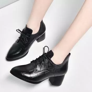 Fashion pointed deep mouth single shoes autumn new high heels lace-up plaid cowhide thick heel women s shoes 35