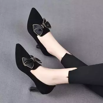 Fashion pointed deep mouth single shoes spring new bow rhinestone sheepskin one pedal middle heel single shoes 35