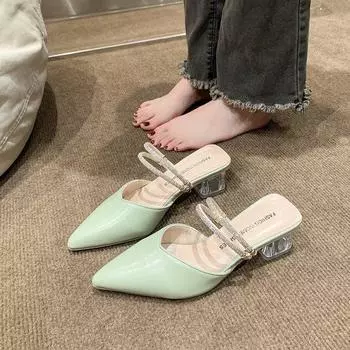 Fashion pointed high heels 2025 summer new thick heel color rhinestone sandals daily casual lady bag head slippers 35 зелёный
