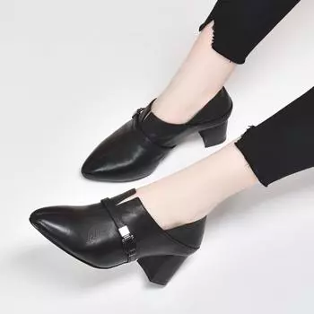 Fashion pointed single shoes spring new simple thick heel first layer cowhide one pedal two wear deep high heel women s shoes 35