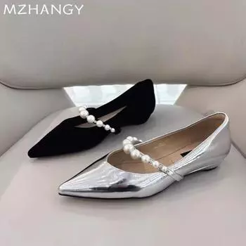 fashion Pointed Toe Beaded Women Shoes Flats Shallow Mary Jane Shoes Woman 2024 Trend Winter Luxury Dress Shoes New Casual Mujer Zapatos 35 чёрный