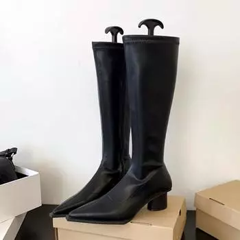 Fashion Pointed Toe Chunky Low Heel Boots Women Winter 2024 Sexy Cozy Soft Leather Knee-high Zipper Design High Boots for Women 35