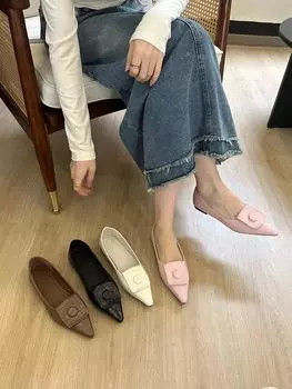fashion Pointed Toe Ladies Loafers 2024 New Arrivals Brown Black Beige Pink Fashion Dress Shoes Woman Daily Mary Janes Buckle Size 35-39 5.5 чёрный