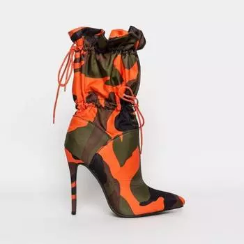 Fashion Pointed Toe Mid Calf Boots for Women Camouflage Print Stiletto Lace Up Women s Shoes Ladies High Heels New Botas Mujer 36