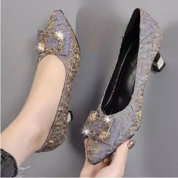 Fashion Pointed Toe Thick Heel High Heel New Crystal Square Button Single Shoes Women s Shoes Fashion Ladies Shallow Wedding Shoes 34 чёрный