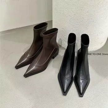 Fashion Pointed Toe Women Ankle Boots Fashion Thick Heel Slimming Short Booties Autumn Winter Soft Leather Female Shoes Trainer Platform 35 коричневый