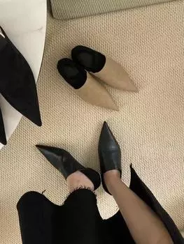 fashion Pointed Toe Women Flats Loafers Shallow Beige Black PU/Leather Fashion Low Heeled Flated Metal Design Casual Party Pumps 35-39 5.5 бежевый