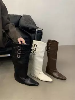 fashion Pointed Toe Women Knee Boots Chelsea Botas 2024 New Arrivals Fashion Party Pumps Knight Botas Size 35-39 Winter Western Bootie 225 бежевый