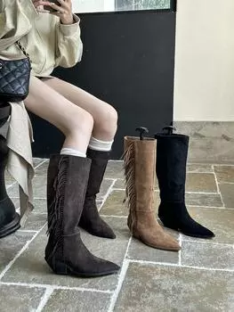 fashion Pointed Toe Women Knee High Boots Wedge High Heels Black Brown Beige Side Zipper Fashion Winter Western Botas Size 35-39 Fashion 225 хаки